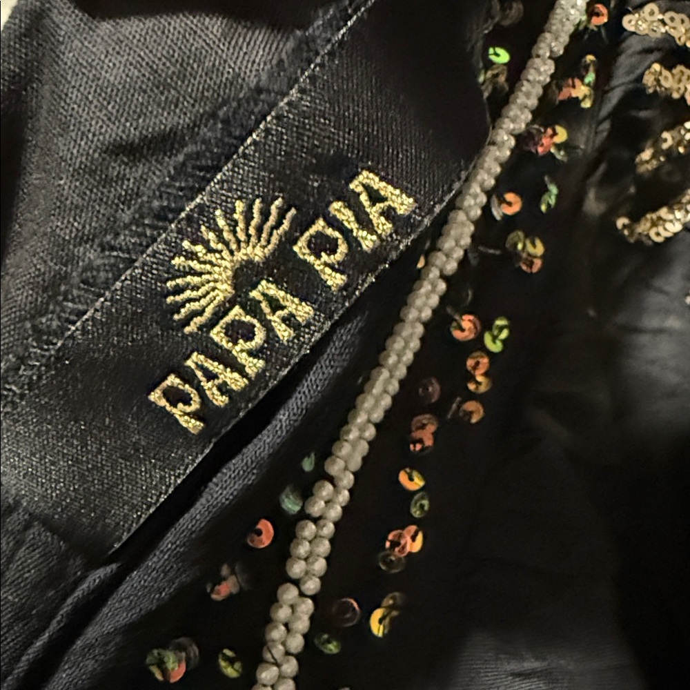 Papa Pia Black and Gold Kimono Sleeve V-Neck Front and Back Maxi Dress O/S - Picture 8 of 10